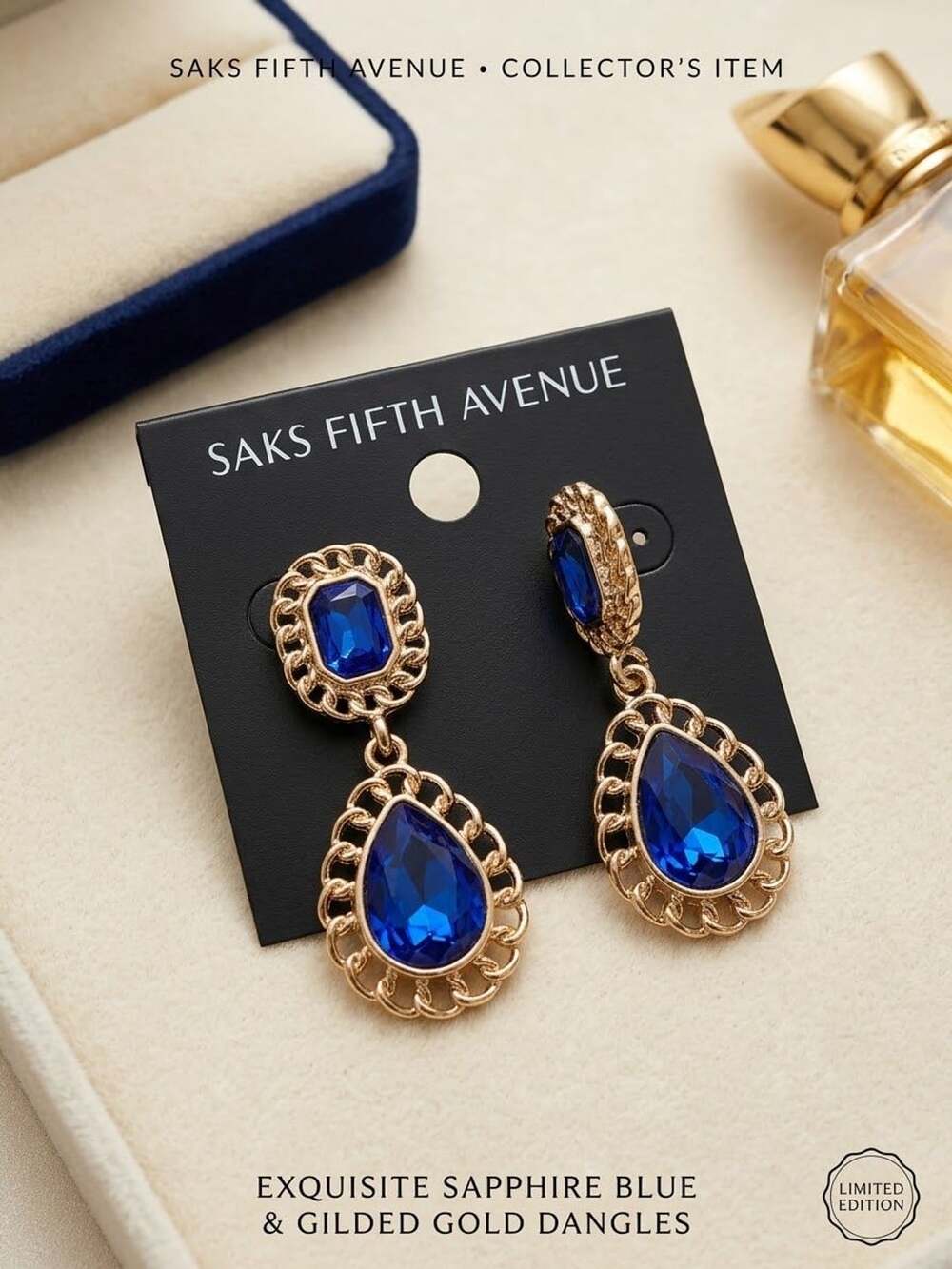 Saks Fifth Avenue Sapphire Blue Gold Dangle Earrings